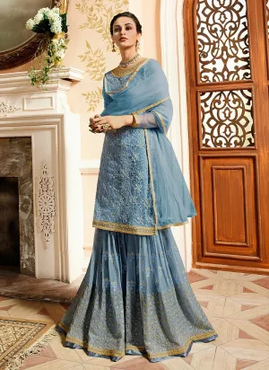 Teal Blue With Golden Touch Embroidered Gharara Suit