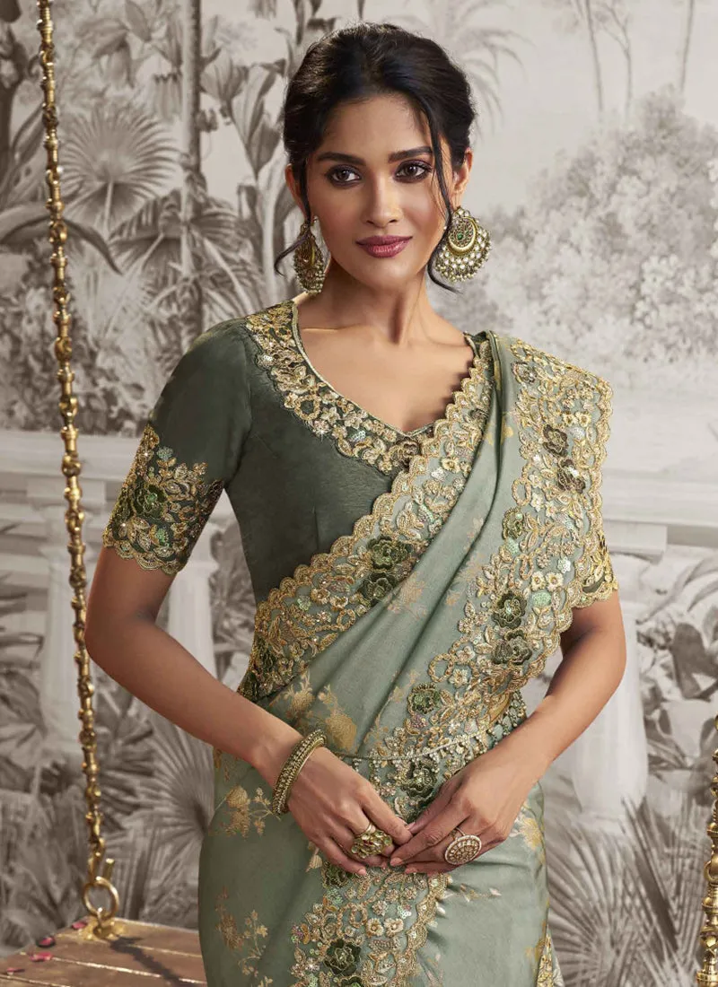 Teal Green Sequence Embroidery Wedding Saree