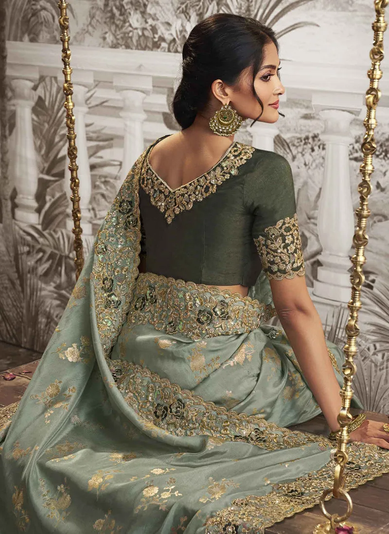 Teal Green Sequence Embroidery Wedding Saree