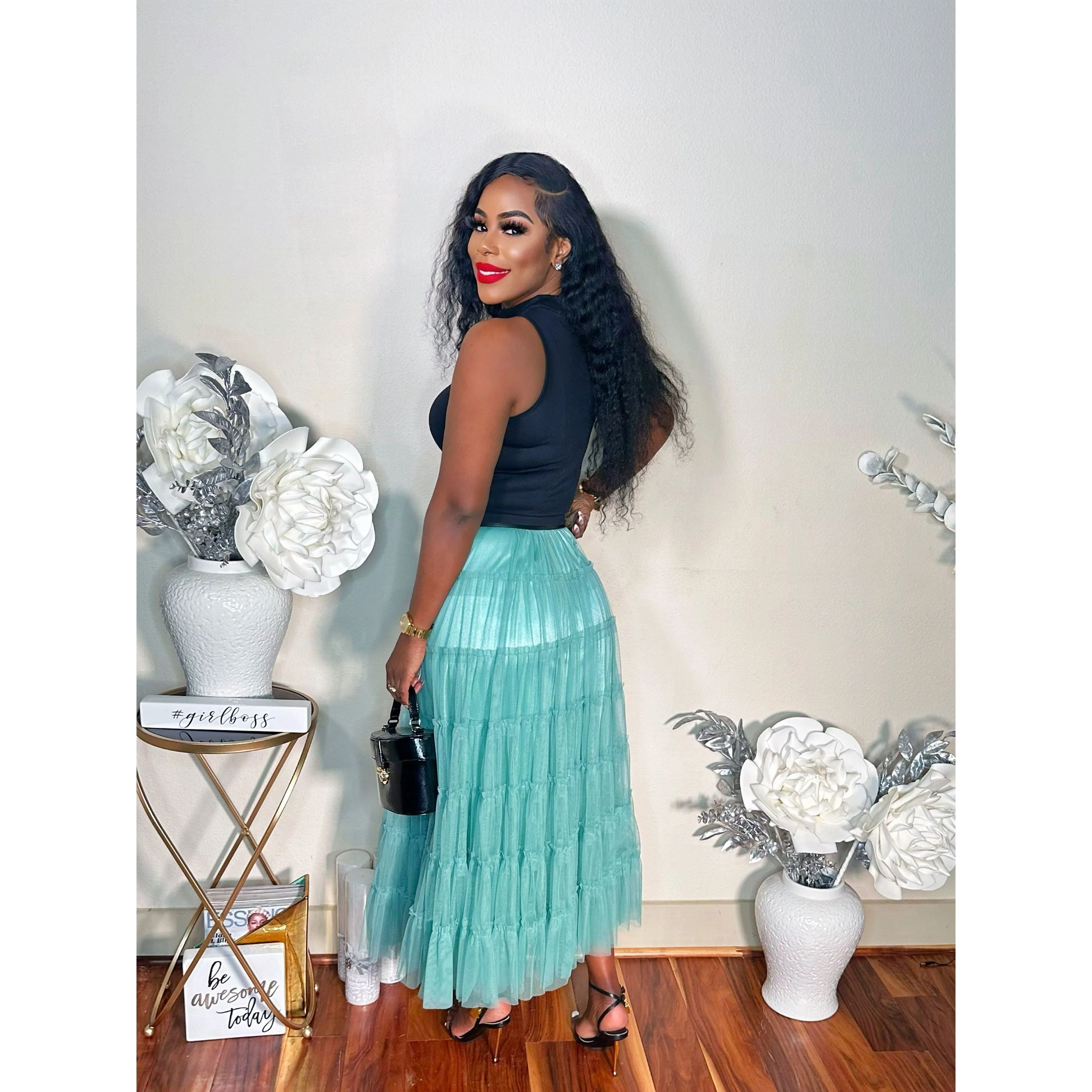 THINK TULLE MIDI SKIRT (SAGE)
