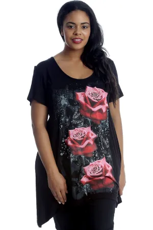 Three Rose Print Hanky Hem Short Sleeve Top