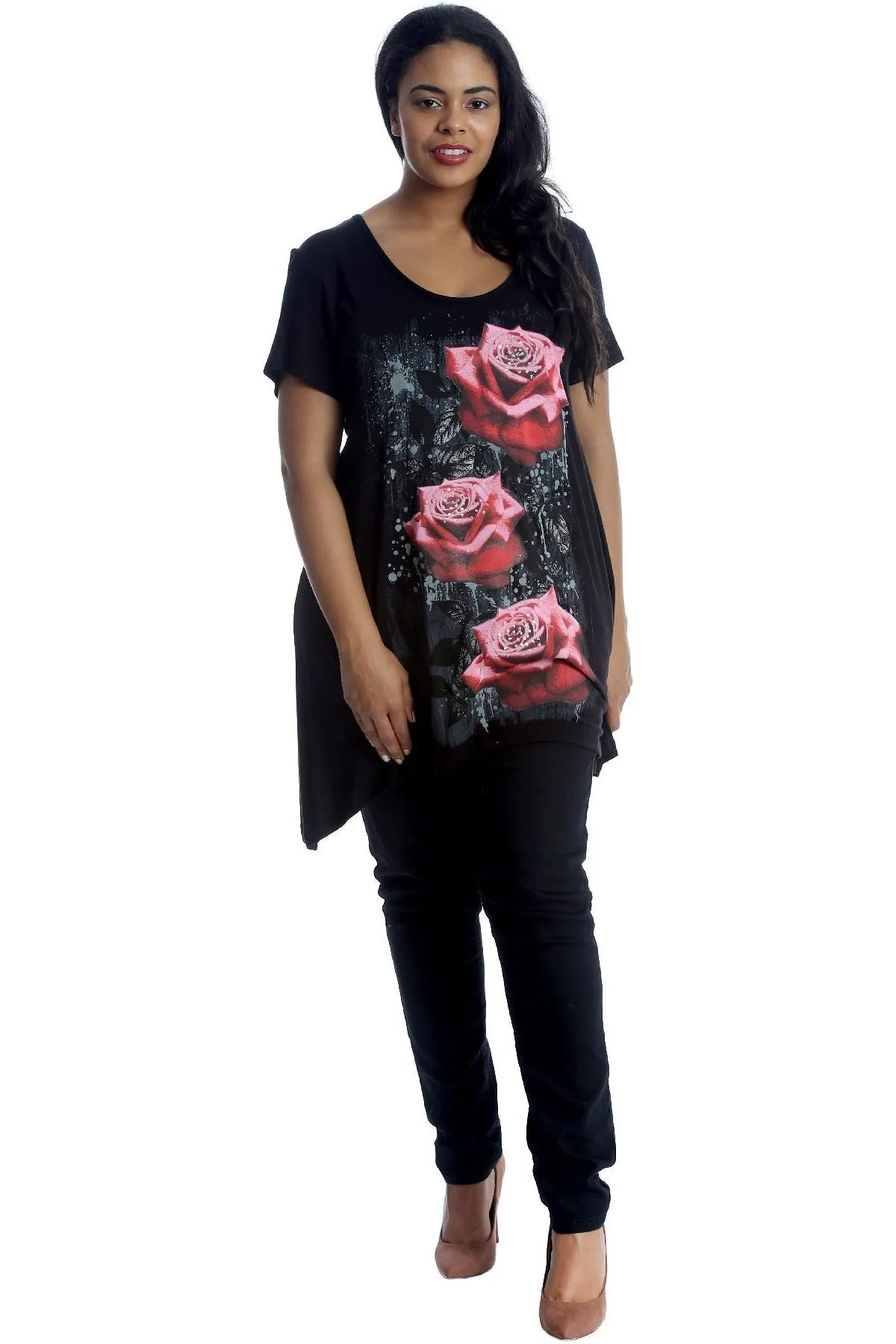 Three Rose Print Hanky Hem Short Sleeve Top