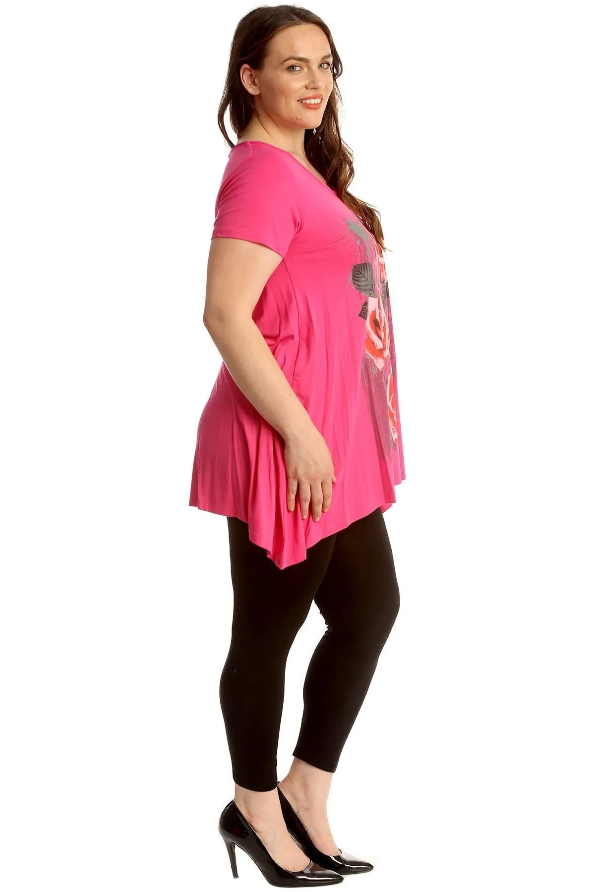 Three Rose Print Hanky Hem Short Sleeve Top