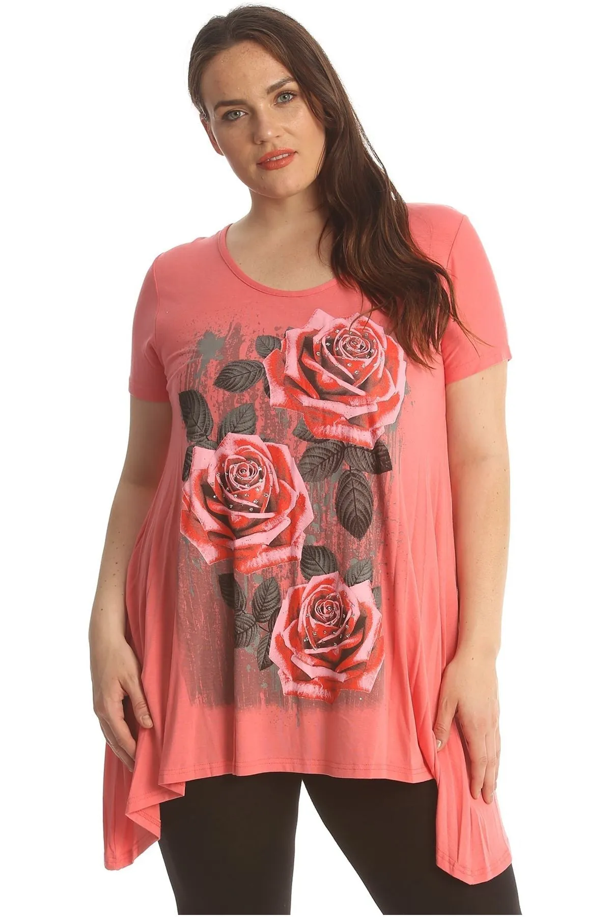 Three Rose Print Hanky Hem Short Sleeve Top