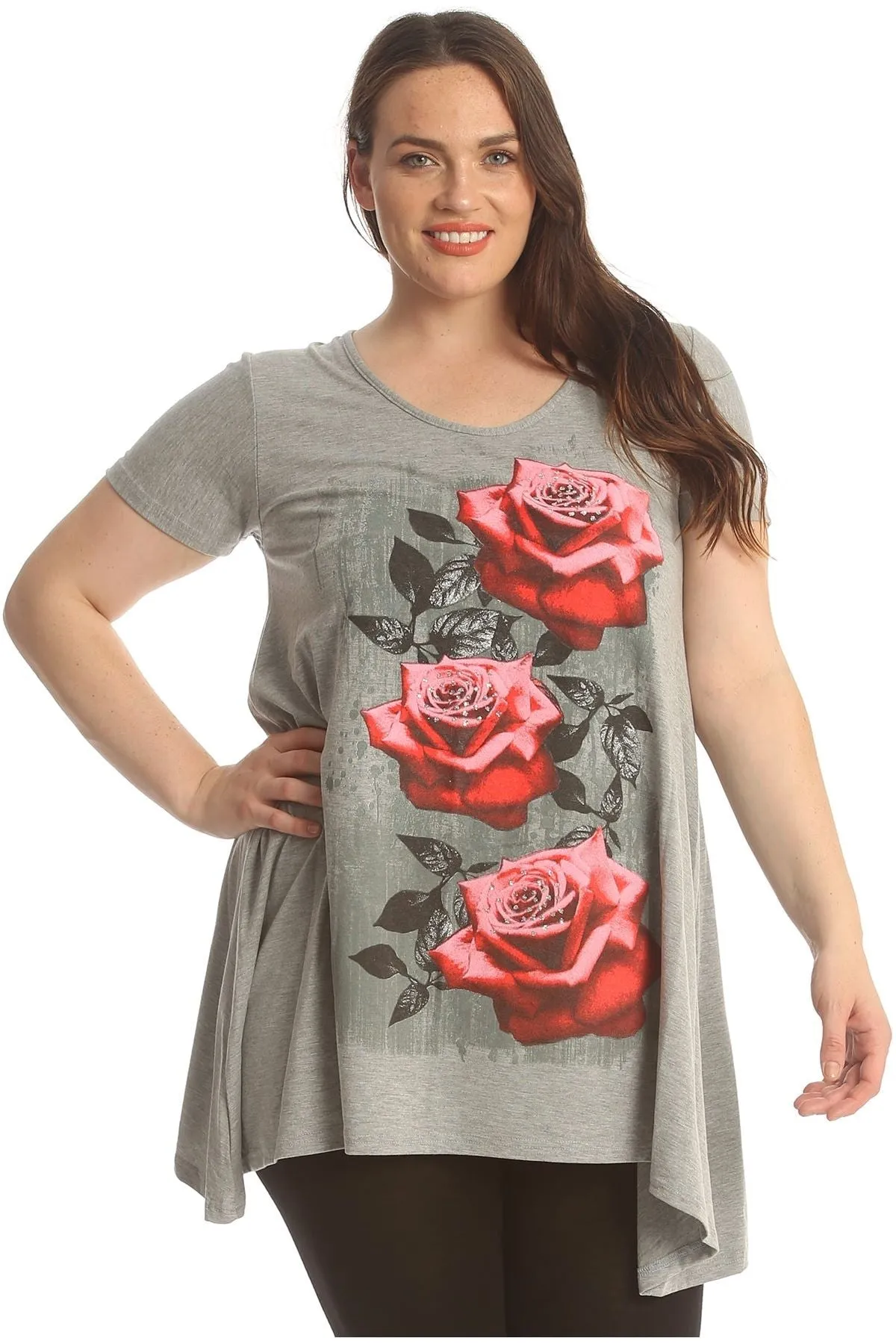 Three Rose Print Hanky Hem Short Sleeve Top