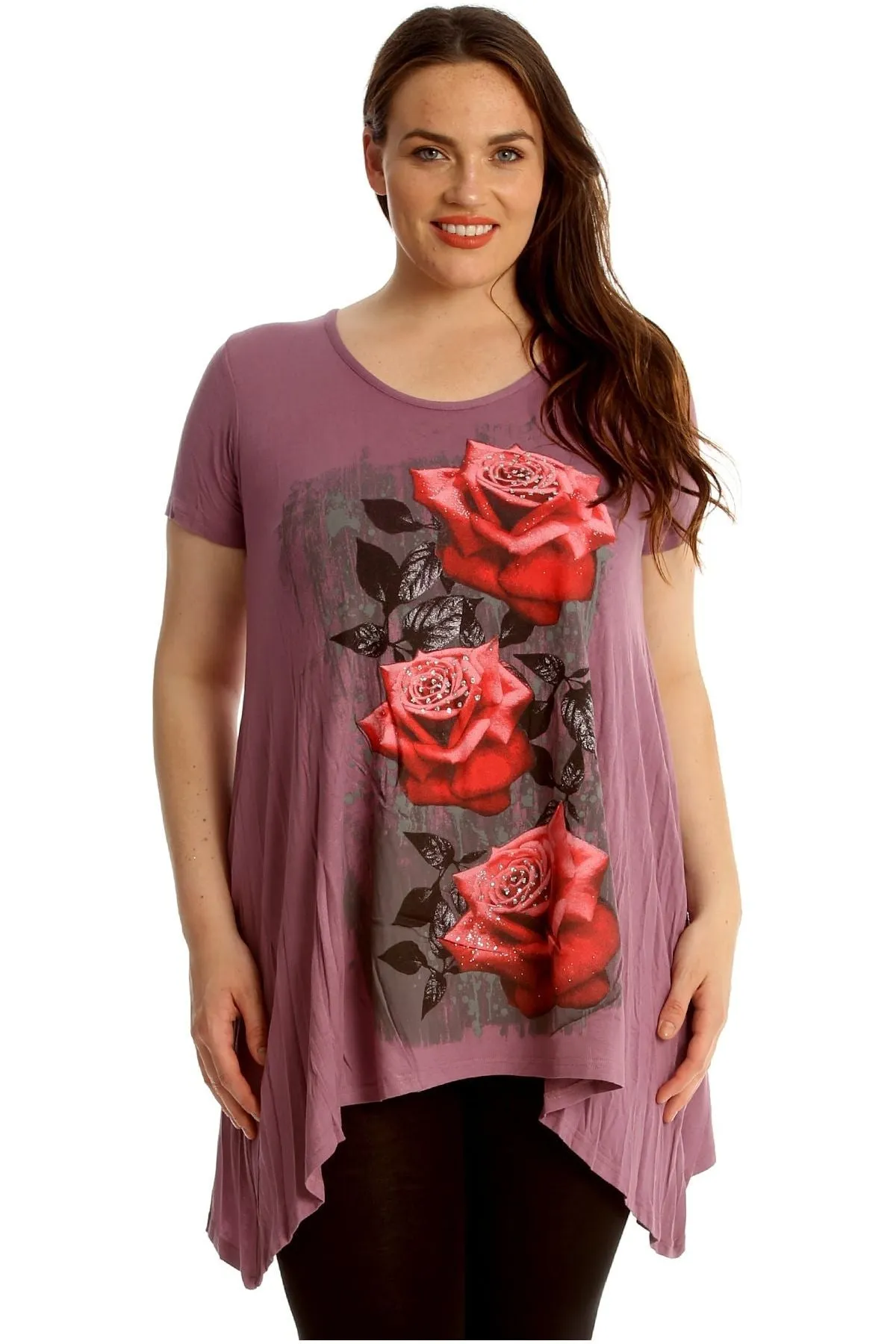 Three Rose Print Hanky Hem Short Sleeve Top
