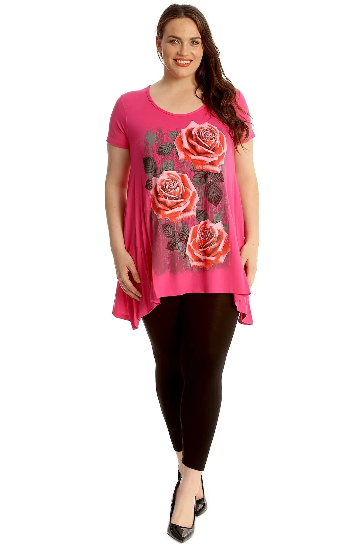 Three Rose Print Hanky Hem Short Sleeve Top