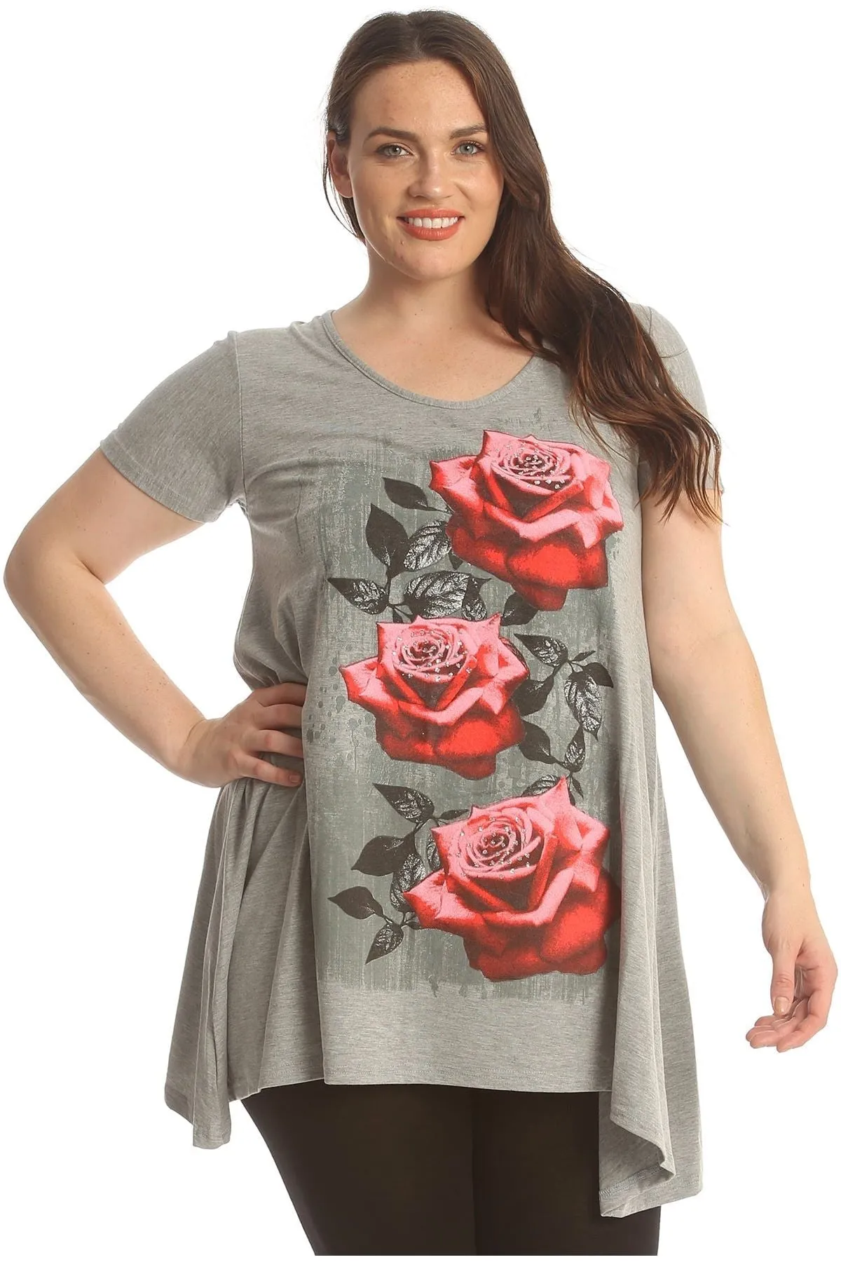 Three Rose Print Hanky Hem Short Sleeve Top