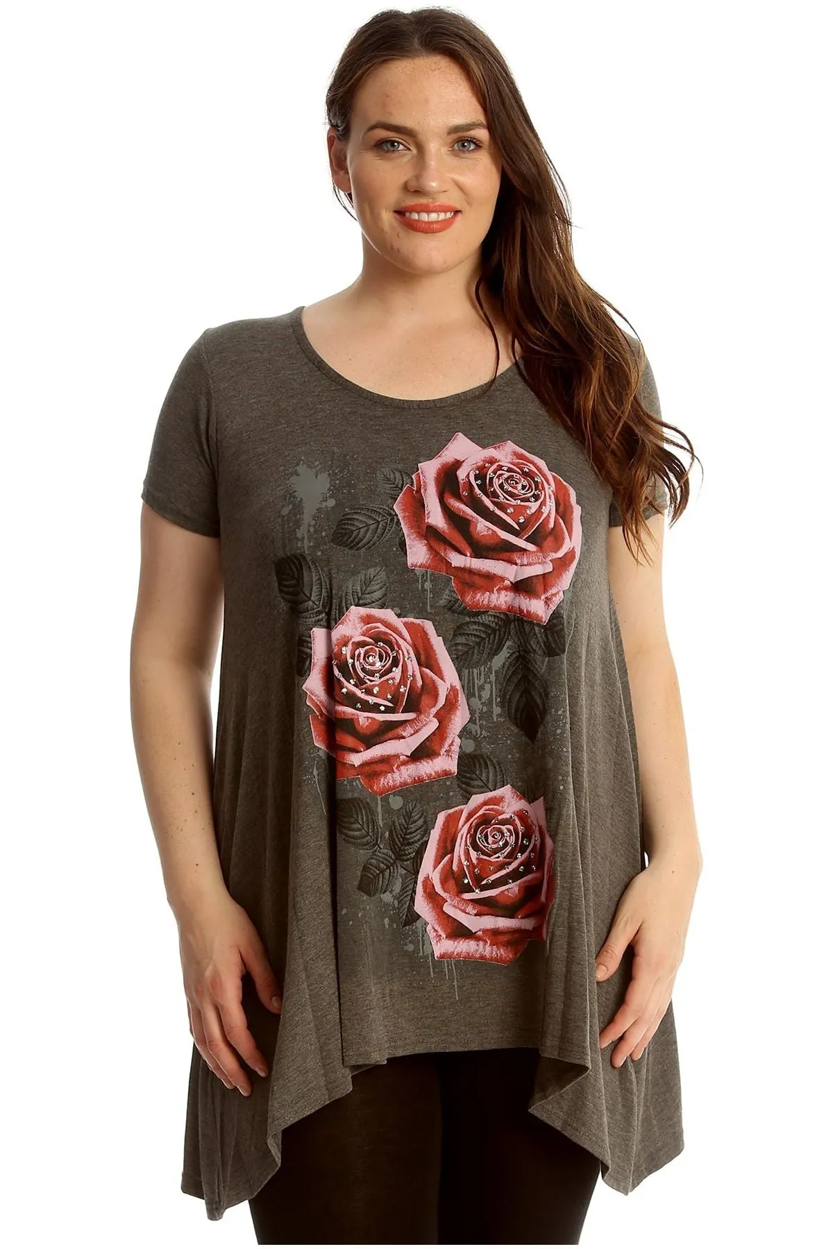 Three Rose Print Hanky Hem Short Sleeve Top
