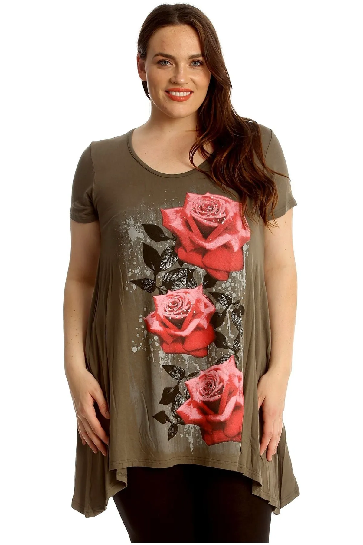 Three Rose Print Hanky Hem Short Sleeve Top