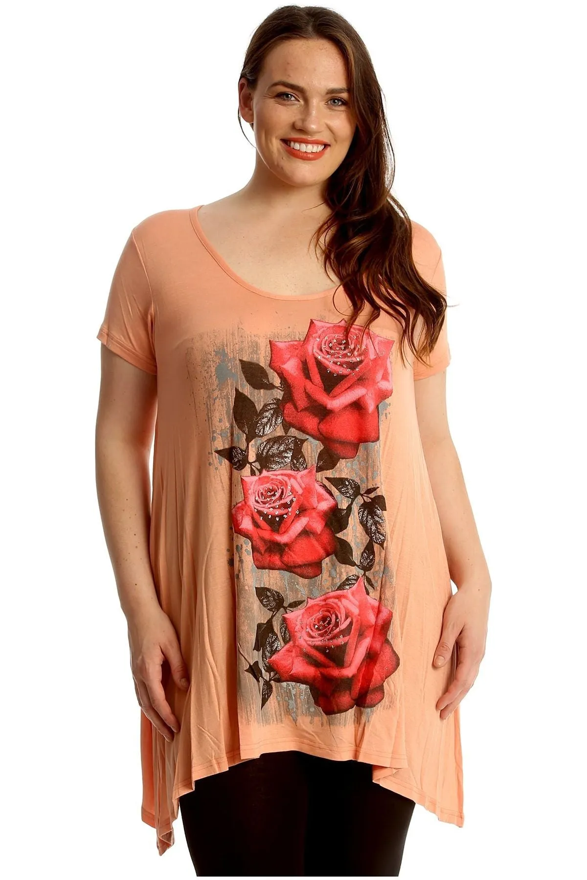 Three Rose Print Hanky Hem Short Sleeve Top