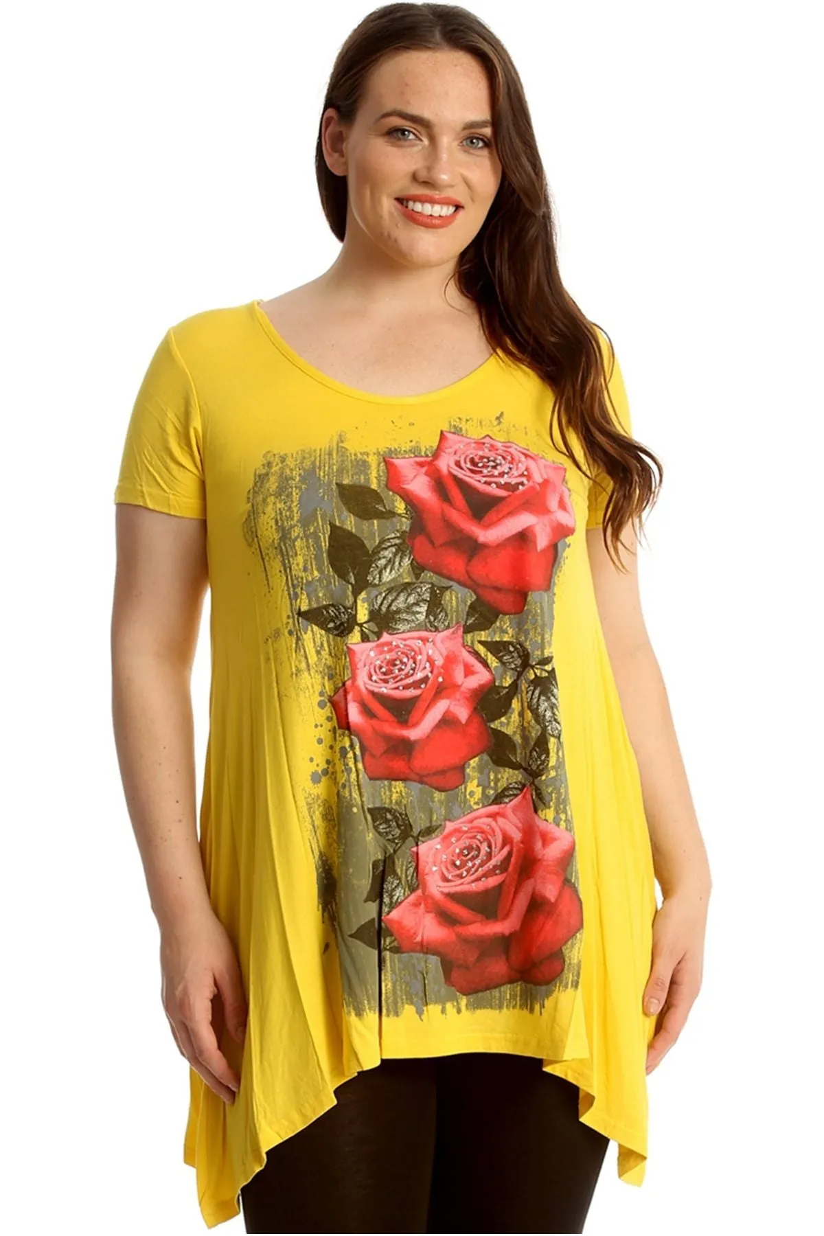 Three Rose Print Hanky Hem Short Sleeve Top