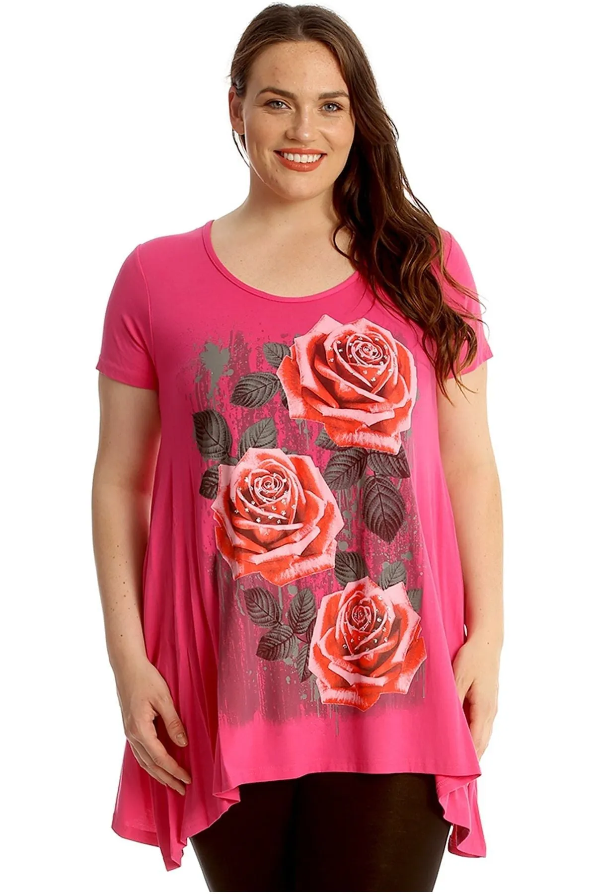 Three Rose Print Hanky Hem Short Sleeve Top