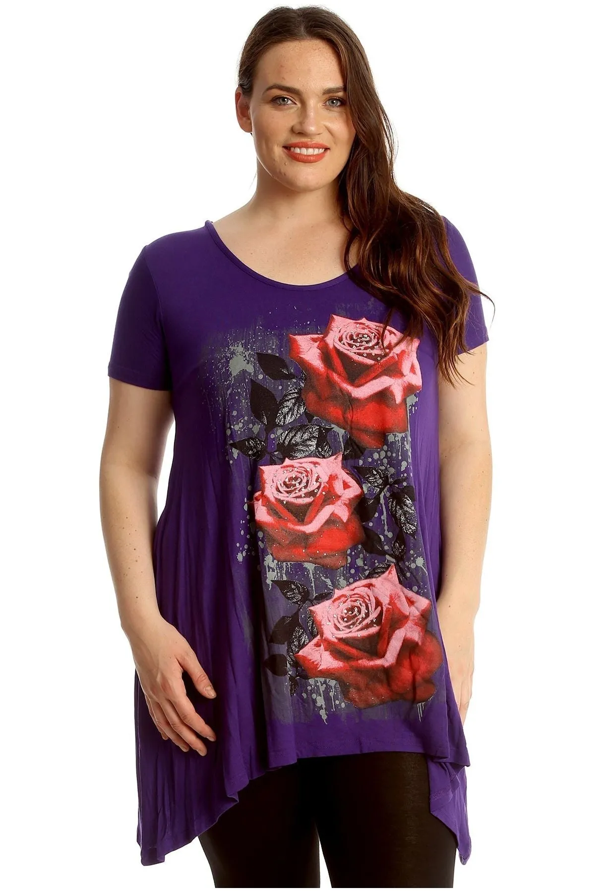 Three Rose Print Hanky Hem Short Sleeve Top