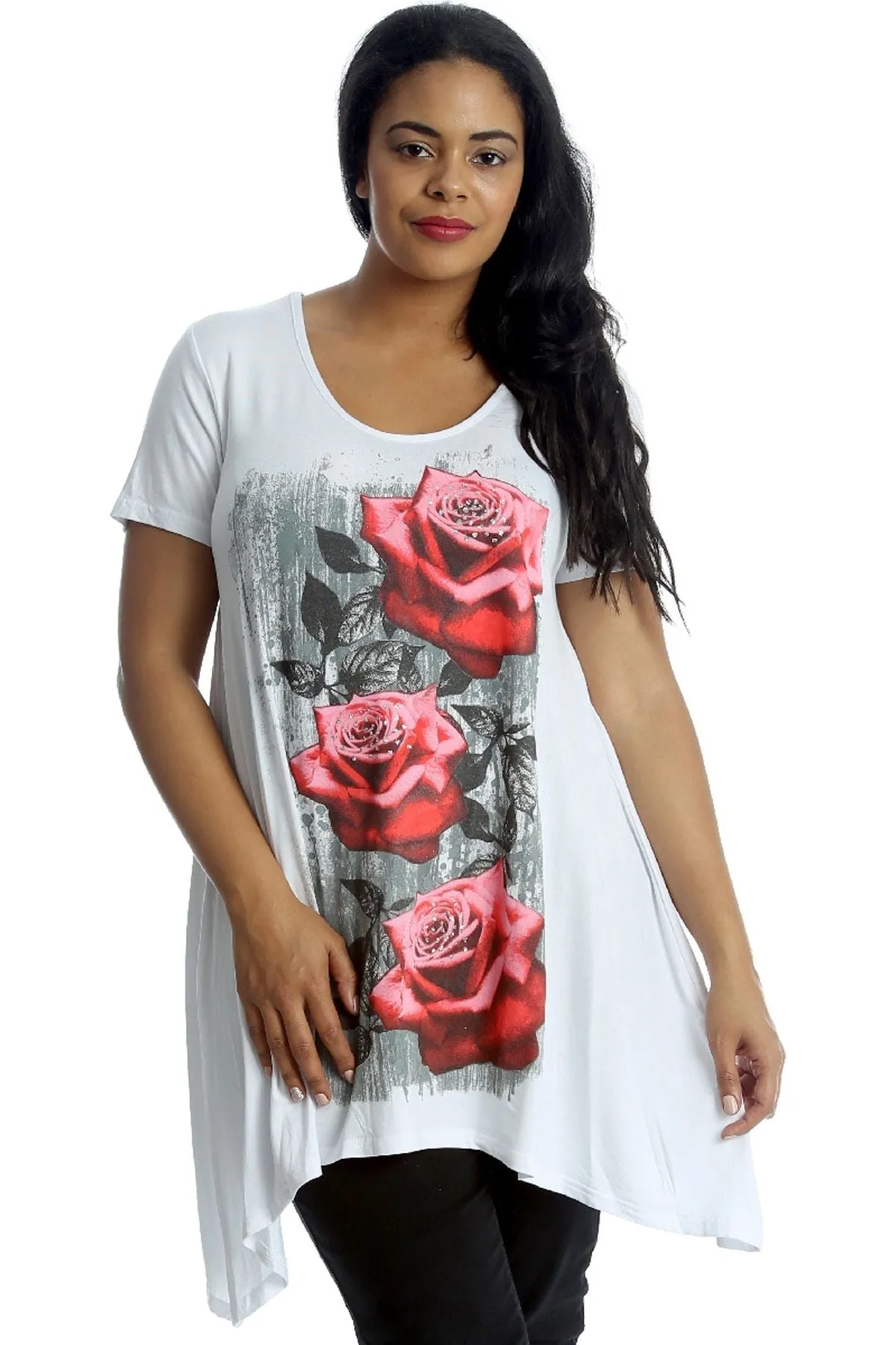 Three Rose Print Hanky Hem Short Sleeve Top