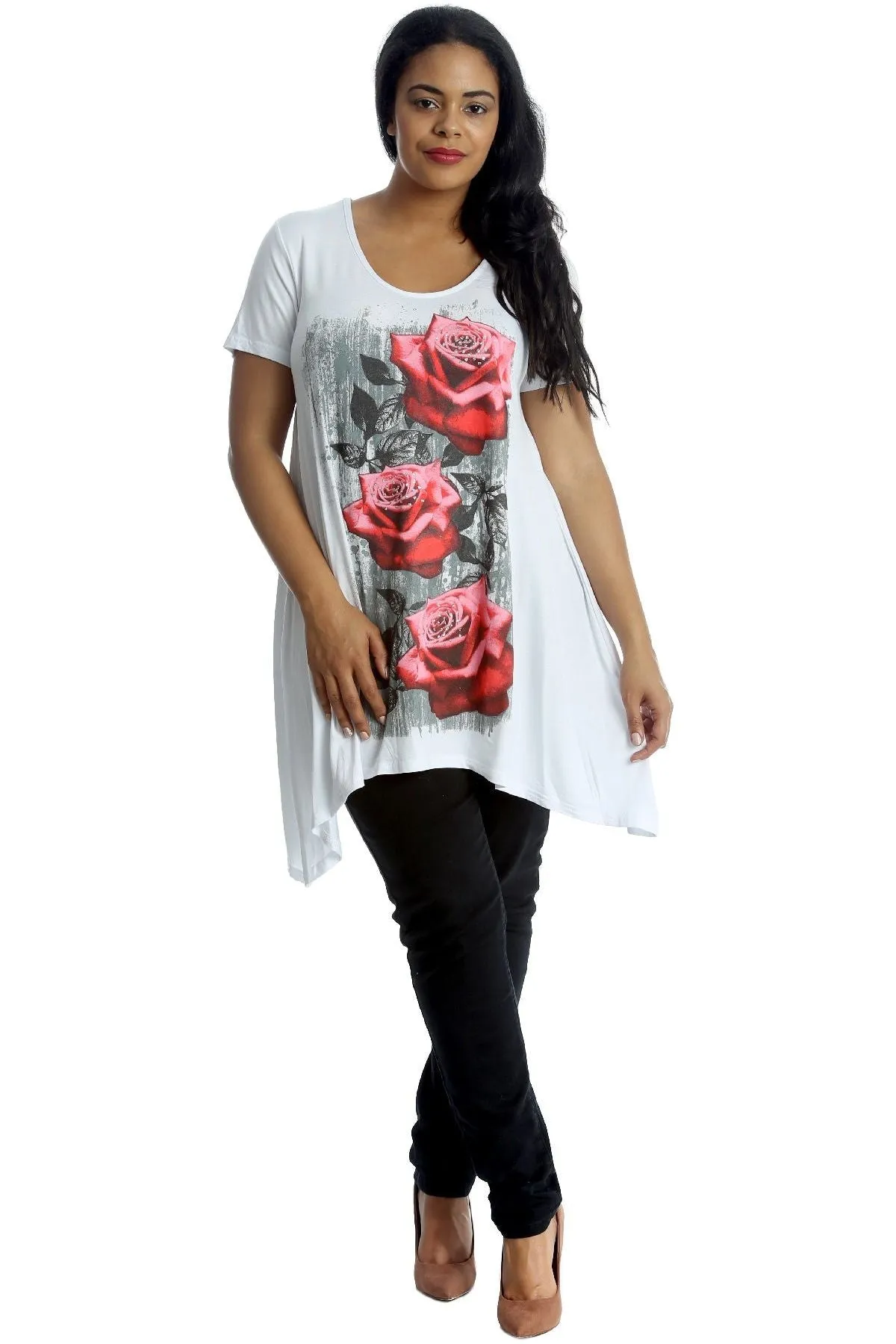 Three Rose Print Hanky Hem Short Sleeve Top