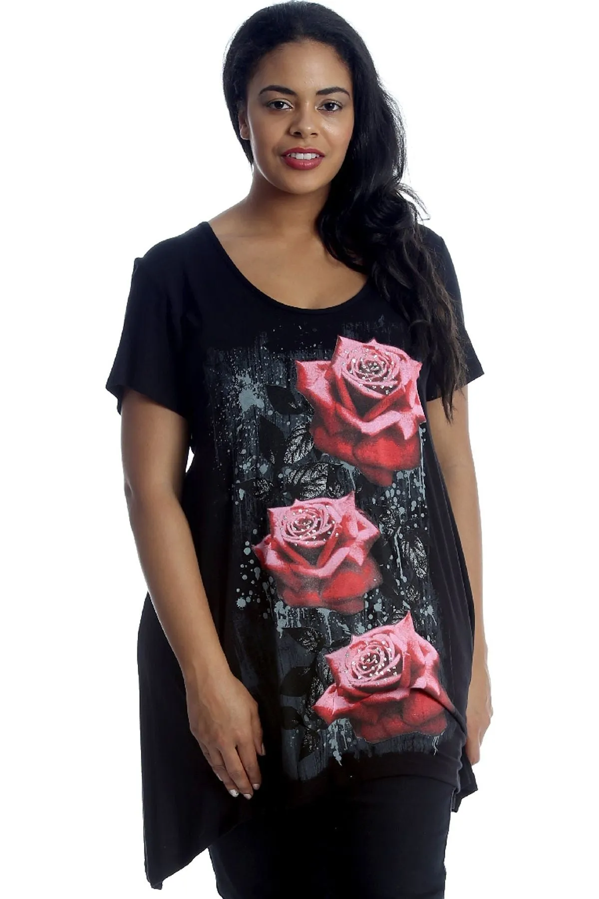 Three Rose Print Hanky Hem Short Sleeve Top