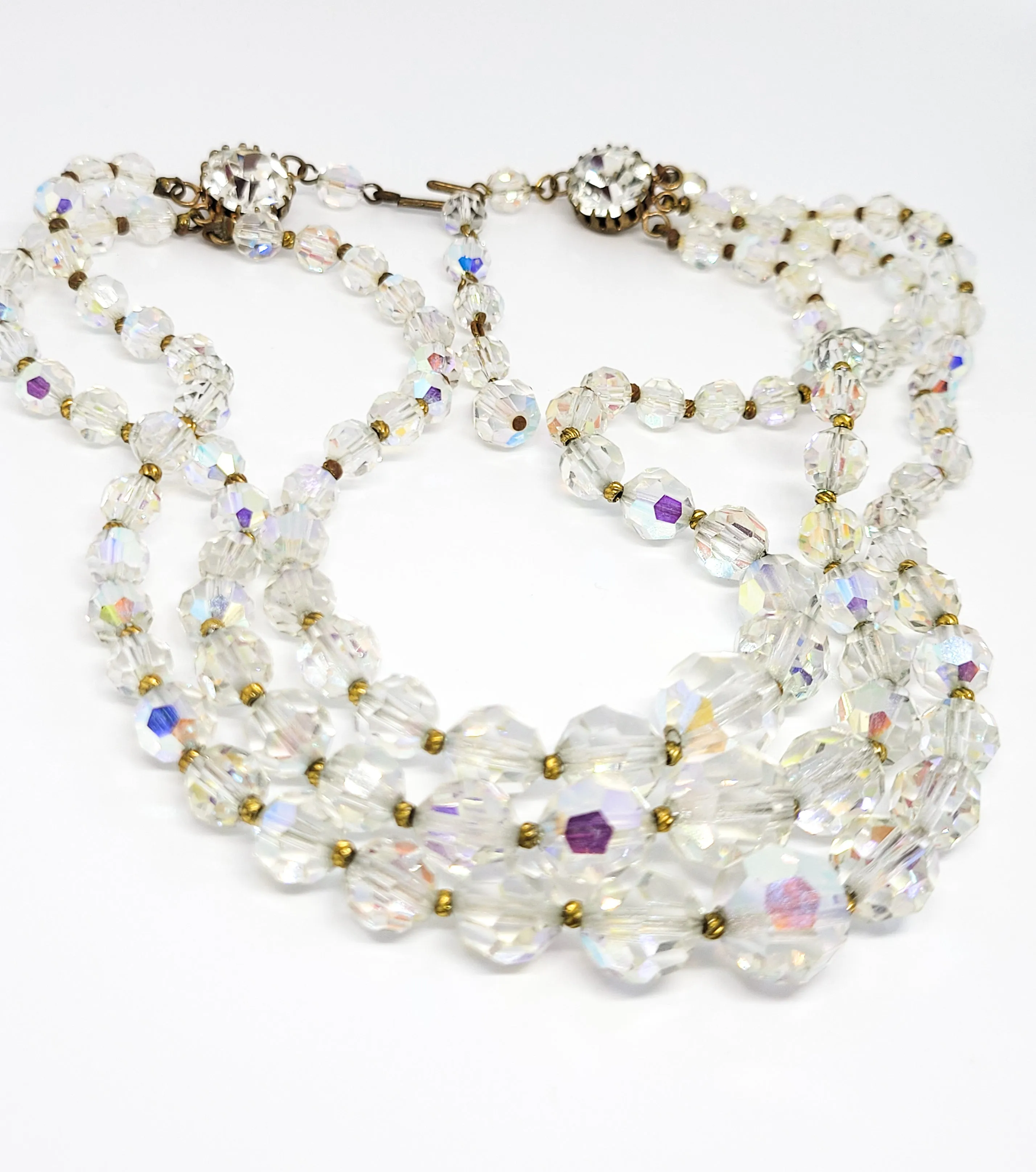 Three Strand Austrian Crystal Aurora borealis graduated vintage rhinestone necklace