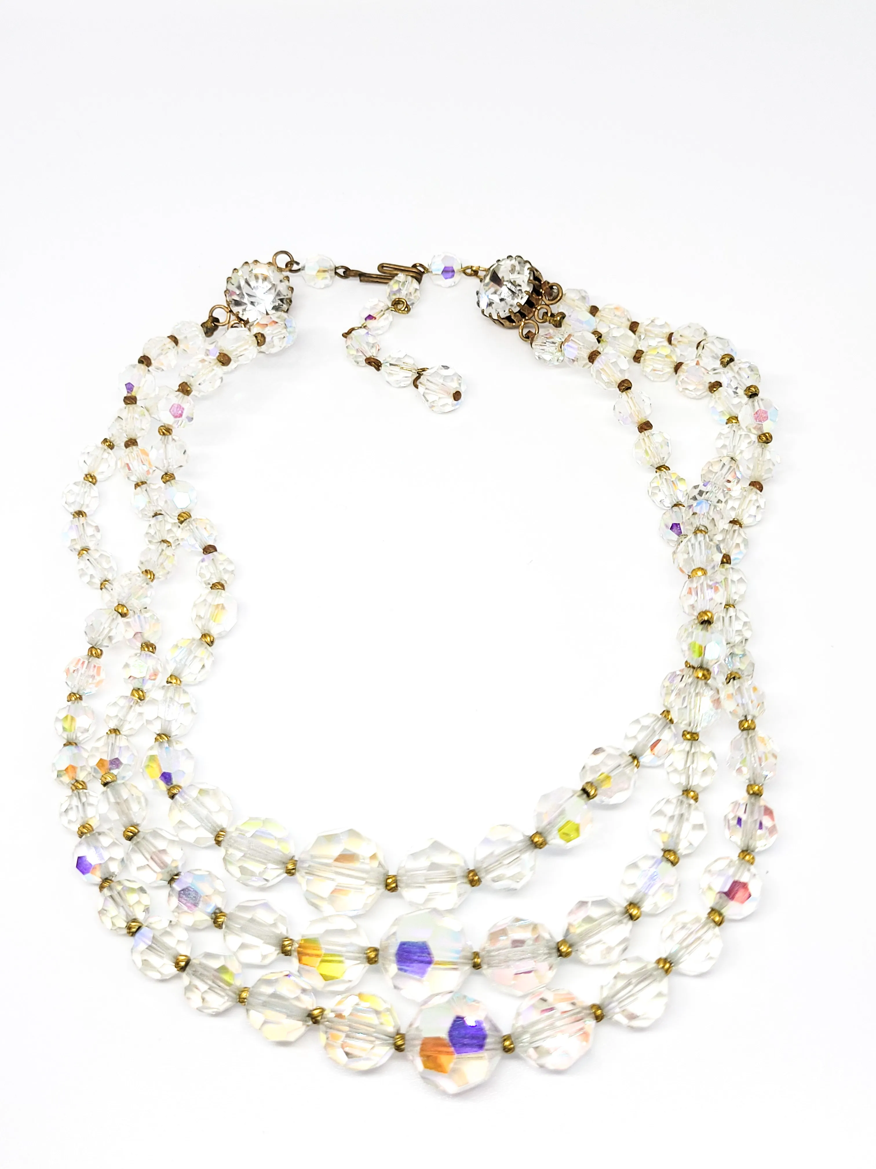 Three Strand Austrian Crystal Aurora borealis graduated vintage rhinestone necklace