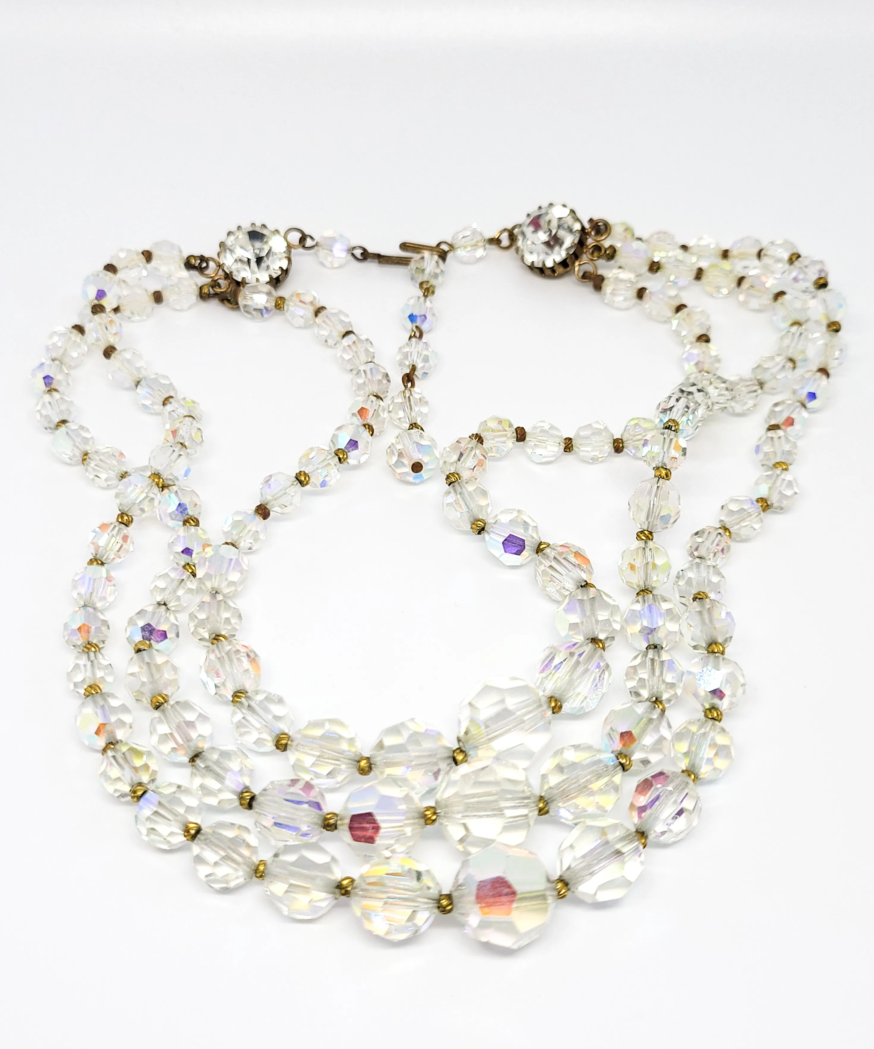 Three Strand Austrian Crystal Aurora borealis graduated vintage rhinestone necklace