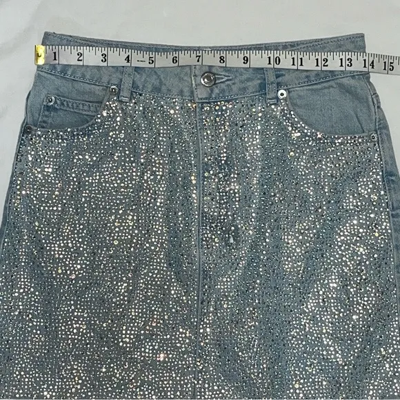 Topshop MOTO Diamante Iridescent Crystal Embellished Raw Hem Denim Mini Skirt 4