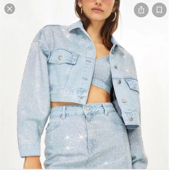 Topshop MOTO Diamante Iridescent Crystal Embellished Raw Hem Denim Mini Skirt 4