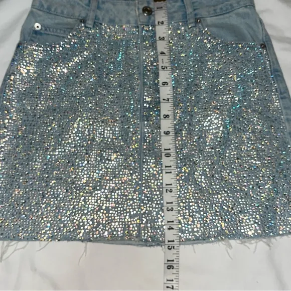 Topshop MOTO Diamante Iridescent Crystal Embellished Raw Hem Denim Mini Skirt 4