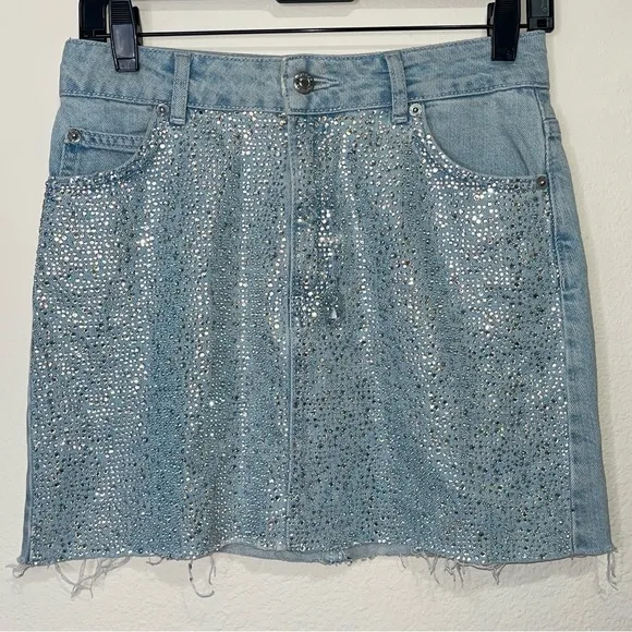 Topshop MOTO Diamante Iridescent Crystal Embellished Raw Hem Denim Mini Skirt 4