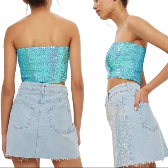 Topshop MOTO Diamante Iridescent Crystal Embellished Raw Hem Denim Mini Skirt 4