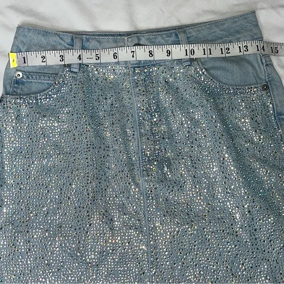 Topshop MOTO Diamante Iridescent Crystal Embellished Raw Hem Denim Mini Skirt 4