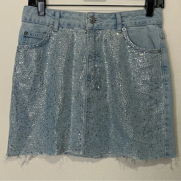 Topshop MOTO Diamante Iridescent Crystal Embellished Raw Hem Denim Mini Skirt 4