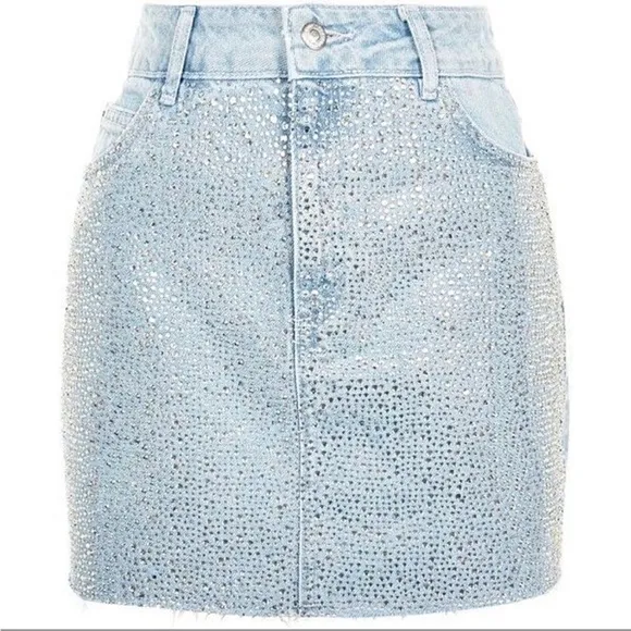 Topshop MOTO Diamante Iridescent Crystal Embellished Raw Hem Denim Mini Skirt 4