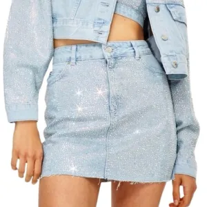 Topshop MOTO Diamante Iridescent Crystal Embellished Raw Hem Denim Mini Skirt 4