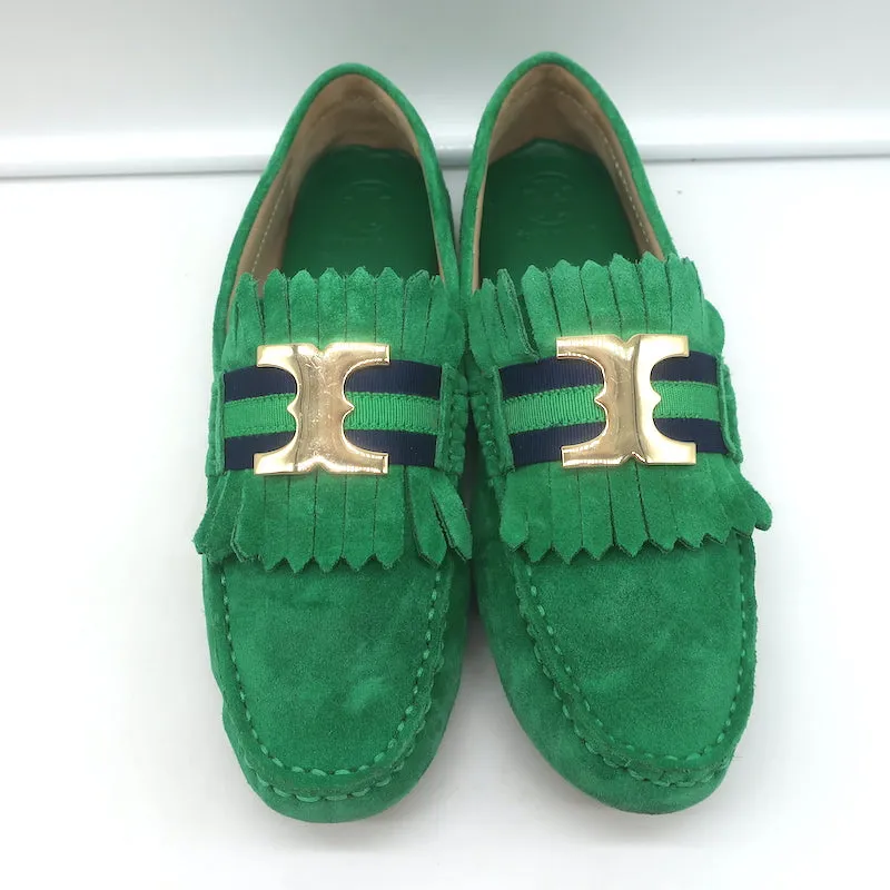 Tory Burch Gemini Link Moccasin Loafers Green Fringed Suede Size 7.5