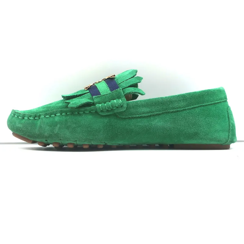 Tory Burch Gemini Link Moccasin Loafers Green Fringed Suede Size 7.5