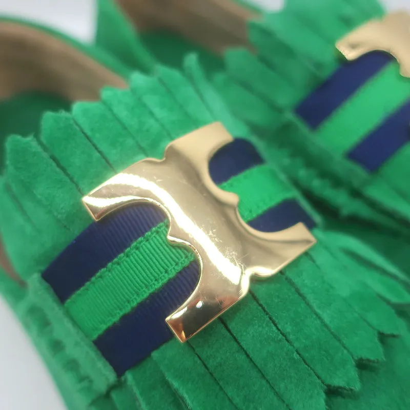 Tory Burch Gemini Link Moccasin Loafers Green Fringed Suede Size 7.5