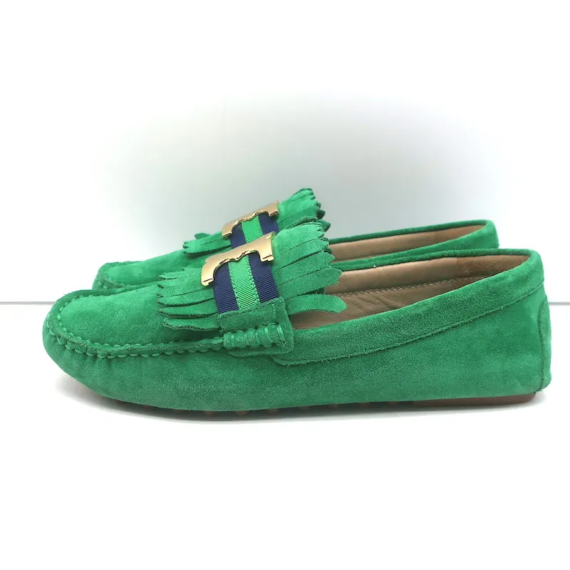 Tory Burch Gemini Link Moccasin Loafers Green Fringed Suede Size 7.5
