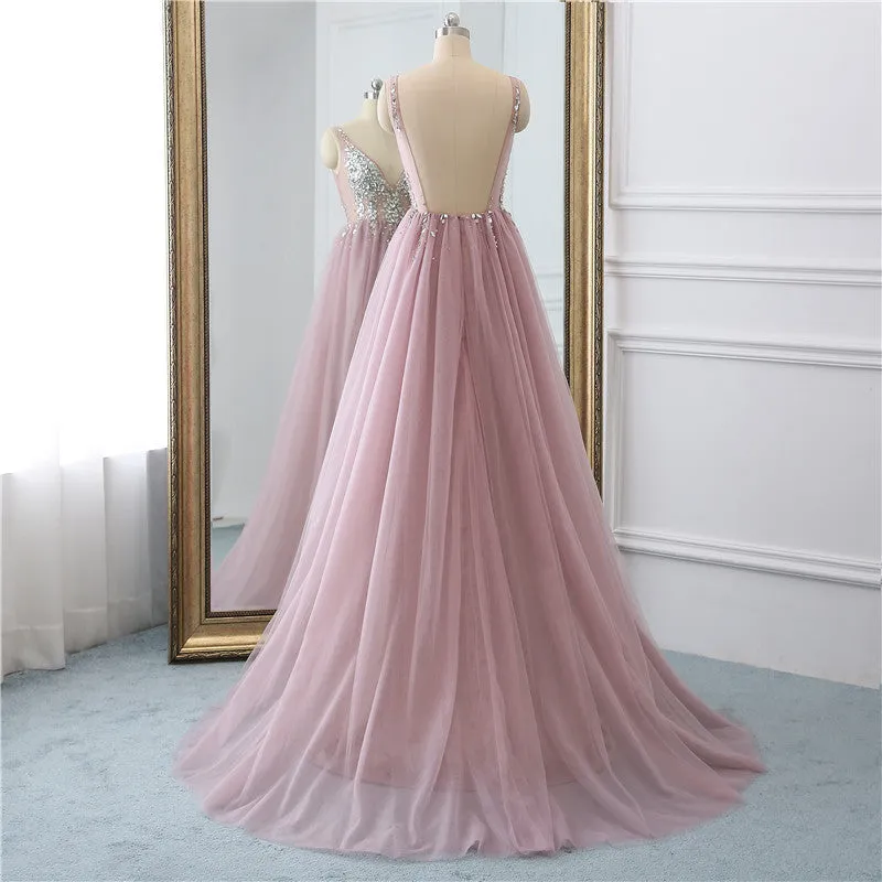 Tulle Long V Neckline A Line Prom Dresses Backless Sweep Train Beaded Evening Dress