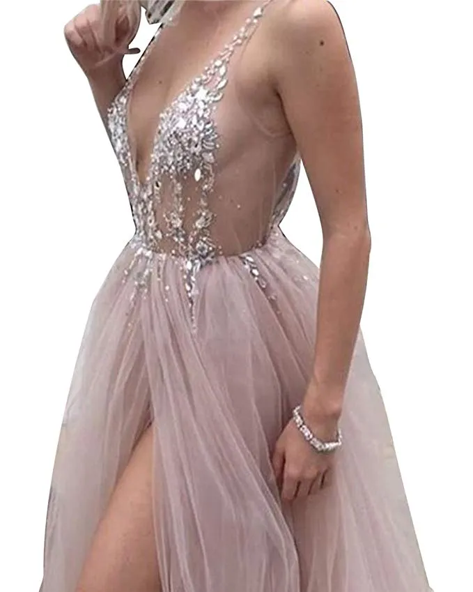 Tulle Long V Neckline A Line Prom Dresses Backless Sweep Train Beaded Evening Dress