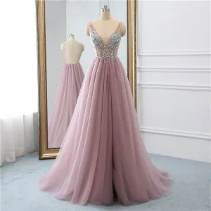 Tulle Long V Neckline A Line Prom Dresses Backless Sweep Train Beaded Evening Dress