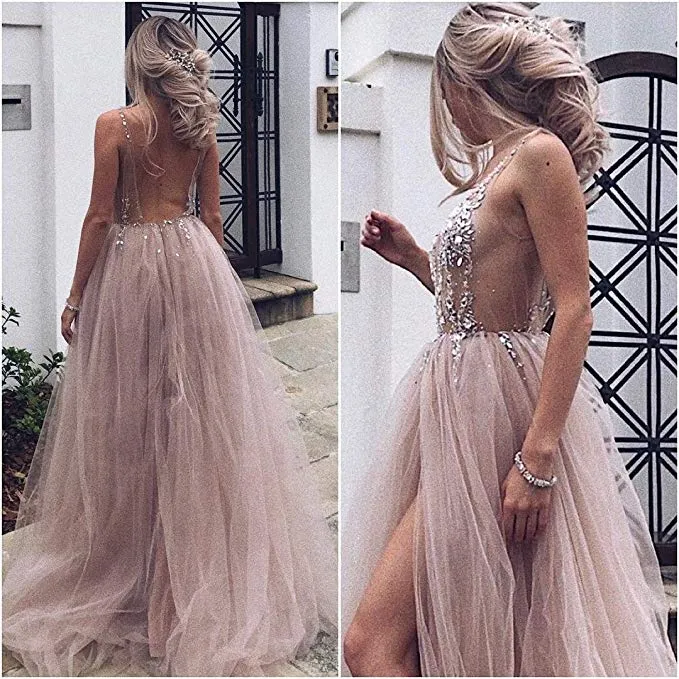 Tulle Long V Neckline A Line Prom Dresses Backless Sweep Train Beaded Evening Dress