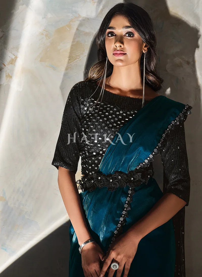 Turquoise And Black Mirror Work Embroidery Designer Silk Saree