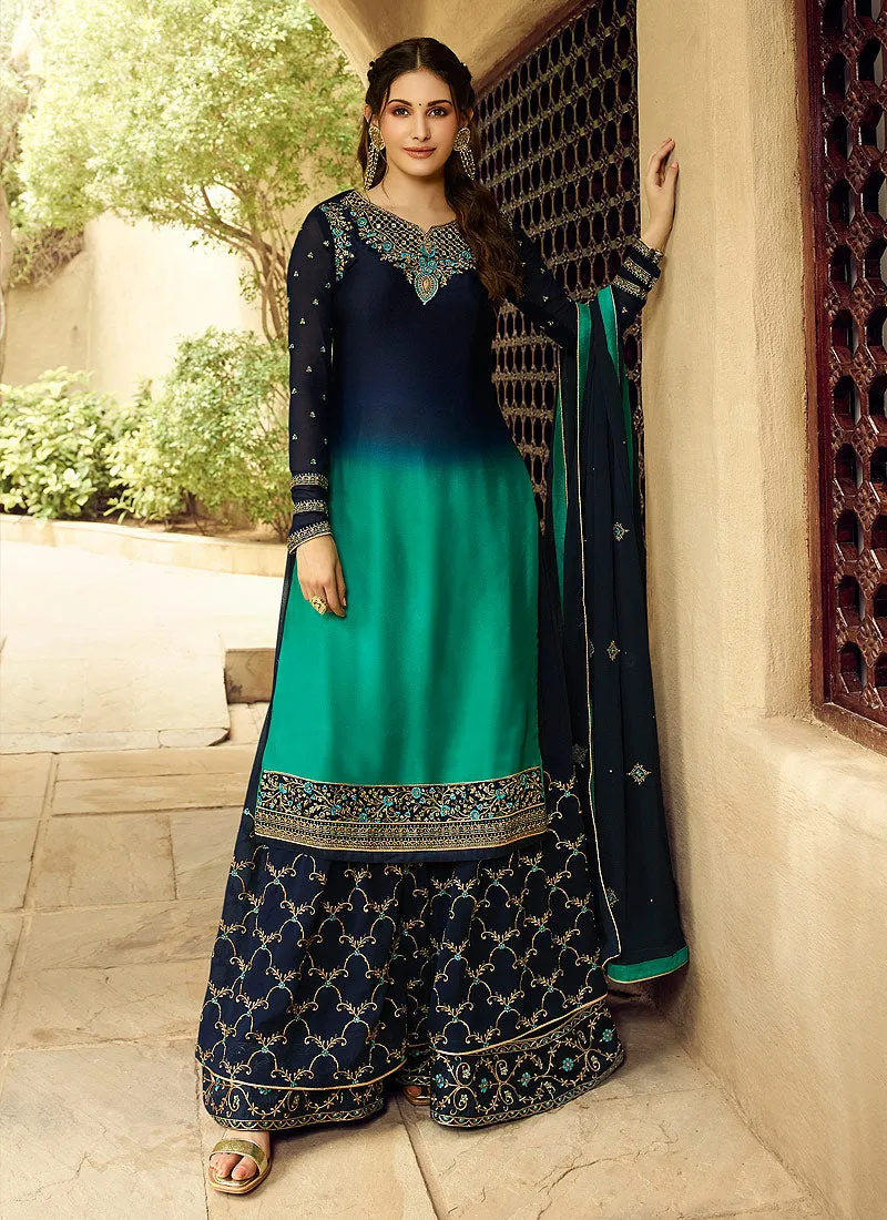 Turquoise And Blue Embroidered Designer Sharara Suit