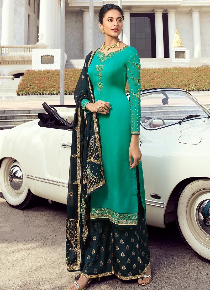Turquoise And Blue Embroidered Palazzo Suit
