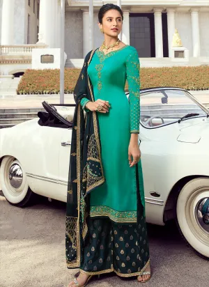 Turquoise And Blue Embroidered Palazzo Suit