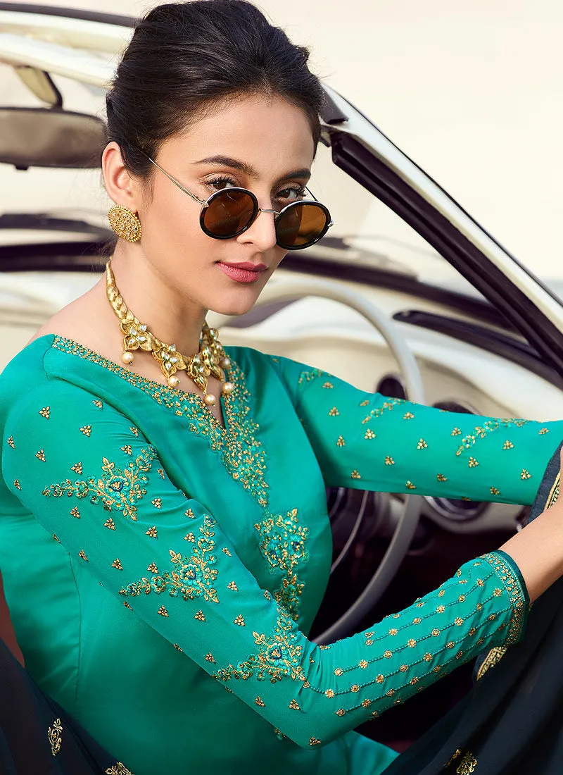 Turquoise And Blue Embroidered Palazzo Suit