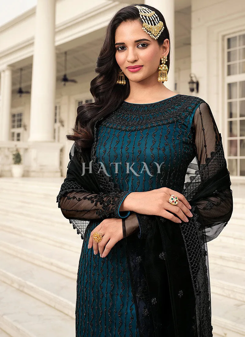 Turquoise Embroidered Pakistani Pant Style Salwar Suit