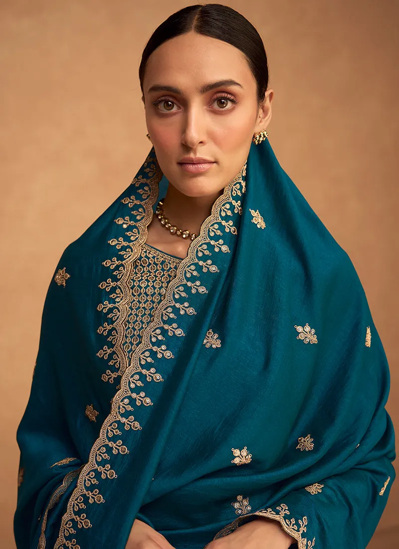 Turquoise Embroidery Silk Festive Palazzo Suit