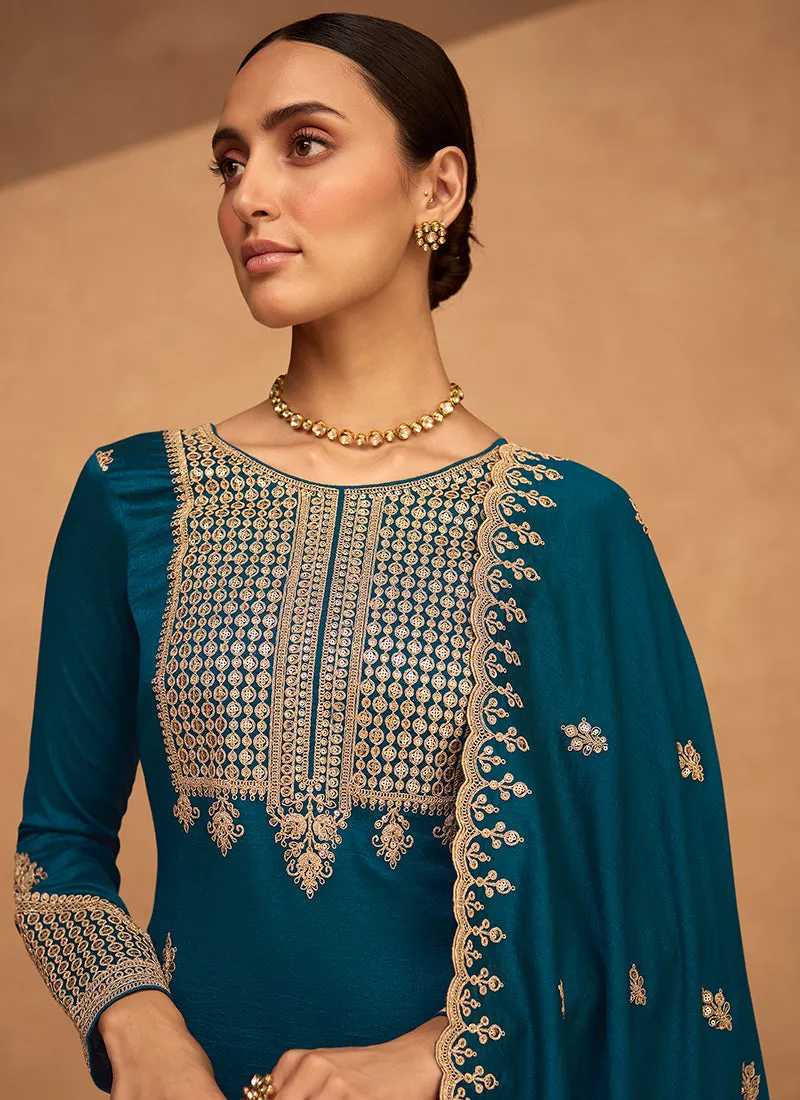 Turquoise Embroidery Silk Festive Palazzo Suit
