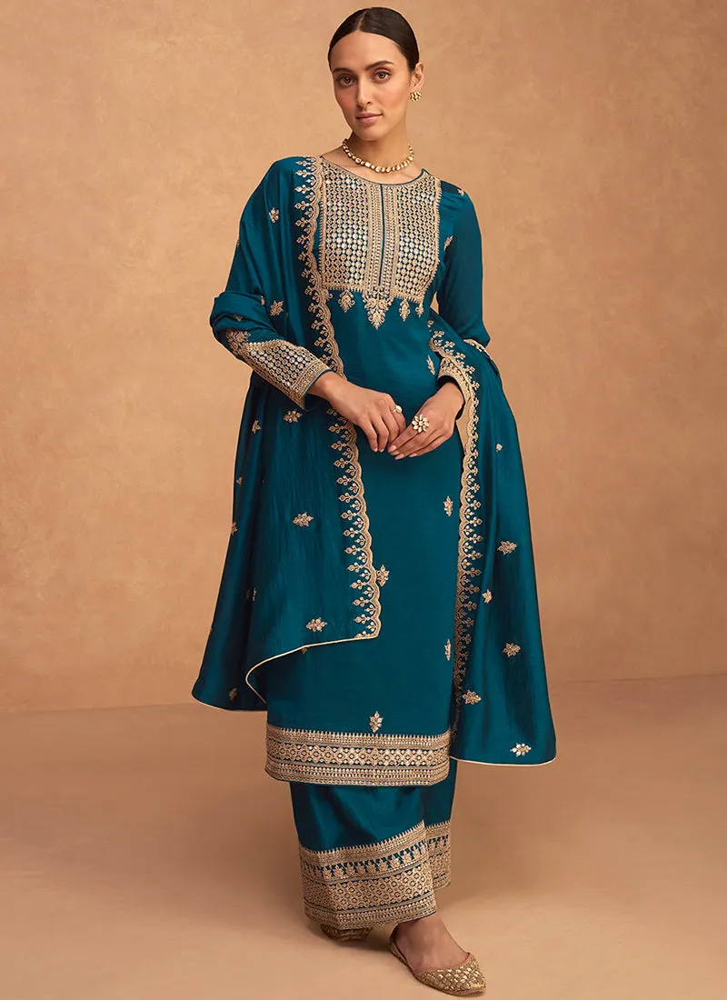 Turquoise Embroidery Silk Festive Palazzo Suit